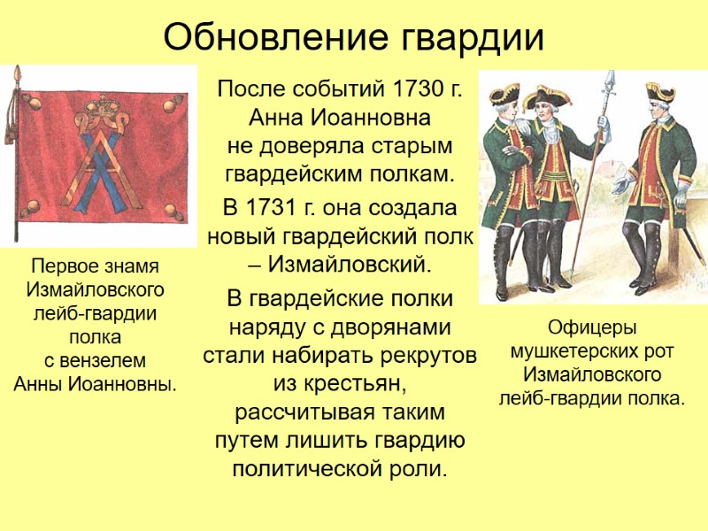 Обновление гвардии После событий 1730 г. Анна Иоанновна  не доверяла старым гвардейским полкам.